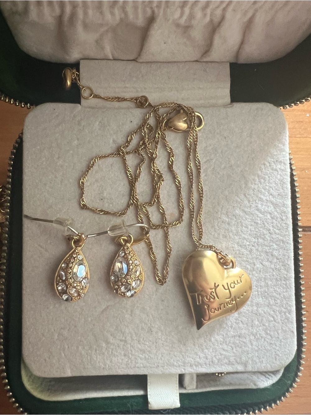 Gold Heart Pendant Necklace with Crystal Teardrop Earrings - Trust Your Journey